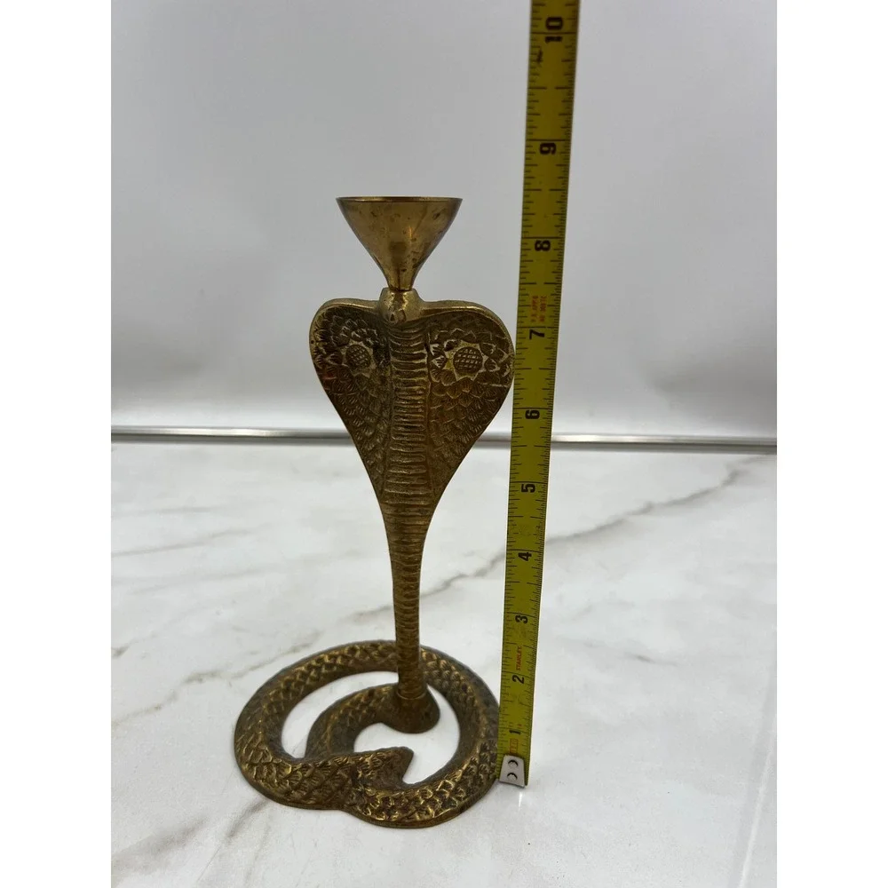 Vintage Solid Brass Cobra Snake Candlestick Holder Etched Coiled Base 8.5 Inch